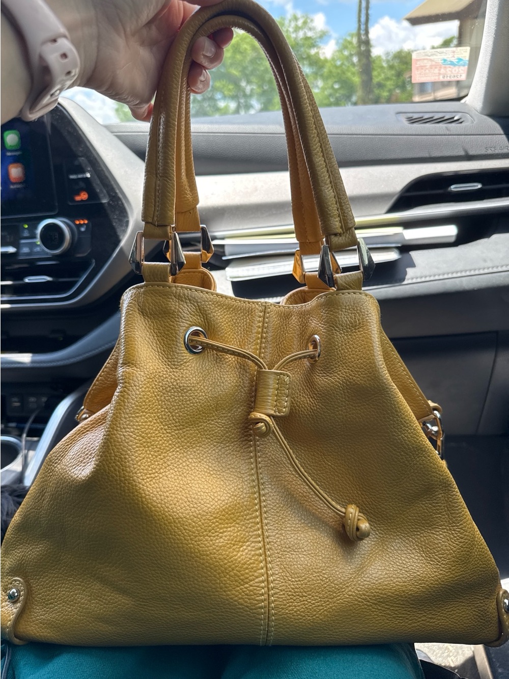 Yellow Leather Drawstring Tote Bag